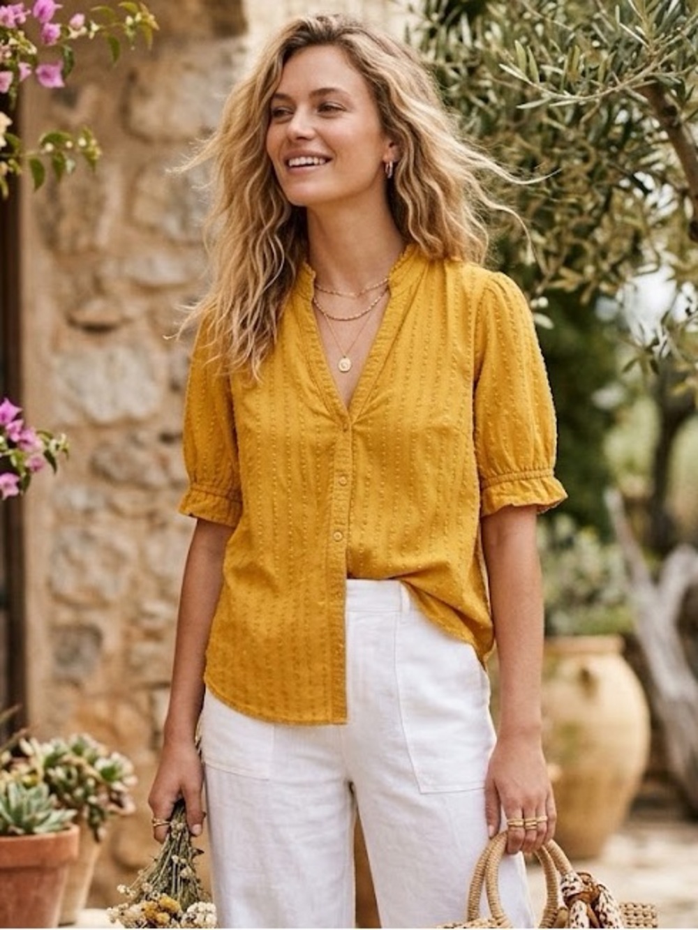 Anthro Meadow Rue Mustard Yellow Dobby Clip Dot Button Front Cotton Top 12
